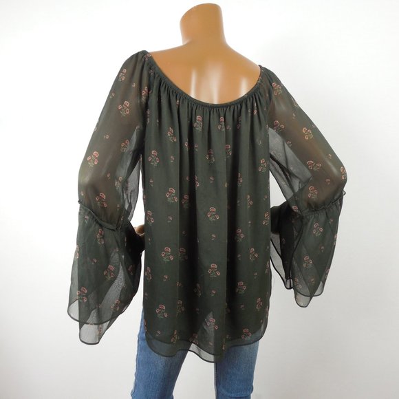 WHITE HOUSE BLACK MARKET Top L Green Blouse Party Lined Long Sheer Flared Sleeve - Picture 8 of 9